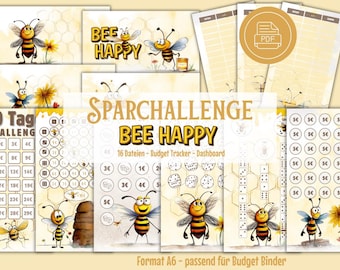 May include: A printable set of 16 files for a bee-themed savings challenge. The set includes a budget tracker, dashboard, and 30-day challenge tracker. The design features a yellow and brown bee with a honeycomb background. The text "Sparchallenge Bee Happy" is in a yellow banner.