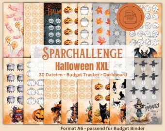 May include: A collage of printable Halloween themed budget tracker pages. The pages feature various Halloween icons such as pumpkins, witches, bats, and cauldrons. The text "SPARCHALLENGE Halloween XXL" and "30 Dateien - Budget Tracker - Dashboard" is visible. The text "Format A6 - passend für Budget Binder" is also visible.