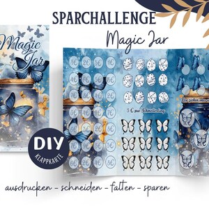 Könnte beinhalten: Ein druckbares DIY-Sparglas-Spiel mit blauem und weißem Aquarellhintergrund. Das Glas hat ein Schmetterlingsdesign und der Text "Magic Jar" ist auf der Vorderseite geschrieben. Das Spiel beinhaltet eine Tabelle mit verschiedenen Münzwerten und einen Bereich zum Verfolgen der Ersparnisse.