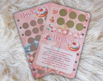 Sparchallenge NASCHZEUG, Sparchallenge zum Einheften A6, Rubbelchallenge, A6 Budget Binder