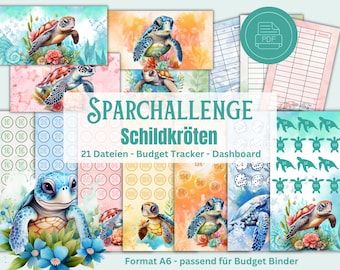 Sparchallenge Set Schildkröten - Sparspiel Budgetierung Sparset A6 Binder Digital Download, 5 euro Challenge
