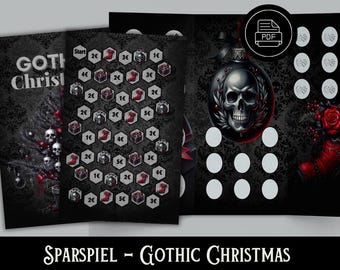 May include: Gothic Christmas-themed game cards with a black background and decorative elements. The cards feature a skull ornament, a Christmas tree with skulls, and a red boot. The text "GOTH Christ" is visible.