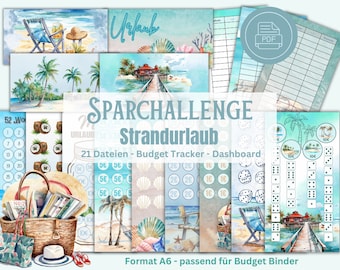 Savings Challenge Set Beach Holiday - Travel Vacation - Budgeting A6 Binder Digital Download PDF Cover Method