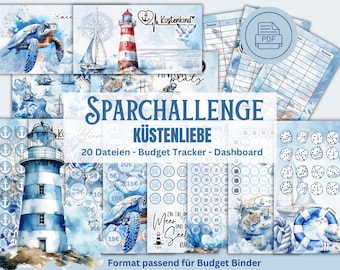 Sparchallenge Set Küstenliebe Urlaub - Reise Sparspiel - Budgetierung A6 Binder Digital Download PDF Umschlagmethode