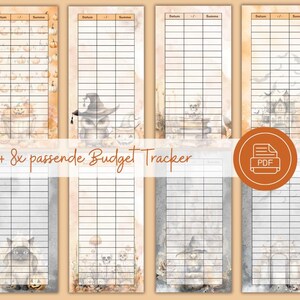 May include: Set of eight printable Halloween budget tracker pages. Each page features a different Halloween-themed illustration with a grid for tracking expenses. The pages are designed in a watercolor style with orange and gray tones.