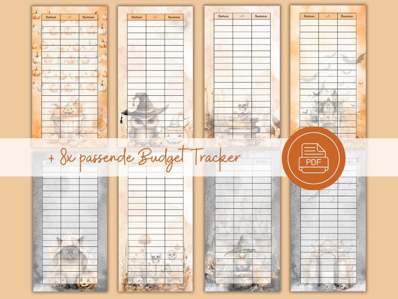 May include: Set of eight printable Halloween budget tracker pages. Each page features a different Halloween-themed illustration with a grid for tracking expenses. The pages are designed in a watercolor style with orange and gray tones.