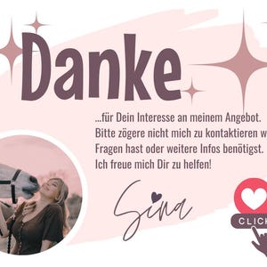 May include: A pink and white thank you card with a picture of a woman and a horse. The card says "Danke" and "...f&uuml;r Dein Interesse an meinem Angebot. Bitte z&ouml;gere nicht mich zu kontaktieren wenn Du Fragen hast oder weitere Infos ben&ouml;tigst. Ich freue mich Dir zu helfen!" and "Sena". There is a heart-shaped button that says "CLICK".