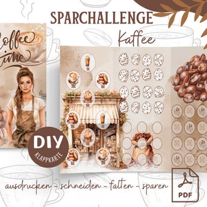 Savings Challenge Folding Card Coffee、Saving Game、予算作成、A6 予算バインダー、デジタル ダウンロード PDF、封筒メソッド、Saving Challenge テンプレート