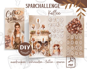 Savings challenge folding card coffee, savings game, budgeting, A6 budget binder, digital download PDF, envelope method, savings challenge templates