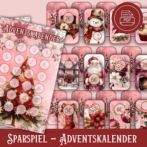 May include: A pink and red Christmas advent calendar with a Christmas tree and numbered circles. The calendar includes 24 individual cards with different Christmas themes, including a snowman, Santa Claus, a fireplace, and a reindeer. The text "SPARSPIEL - ADVENTSKALENDER" is at the bottom of the image.