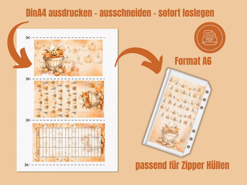 May include: Printable A6 size planner pages featuring a fall theme with pumpkins and a basket. The pages are designed to fit into zippered binders. The text on the image reads "DinA4 ausdrucken - ausschneiden - sofort loslegen" and "Format A6".