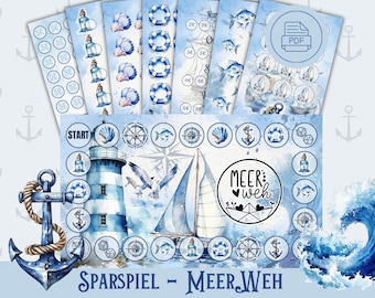 Sparspel Semester vid havet - Sparutmaningsset Resesparspel - Budgetering A6-pärm Digital nedladdning PDF-omslagsmetod