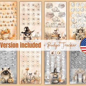 May include: Five printable Halloween themed budget tracker pages. The pages feature a witch, an owl, a cat, a pumpkin, and a haunted house. The pages are designed to help you track your spending and savings. US $ Version included.