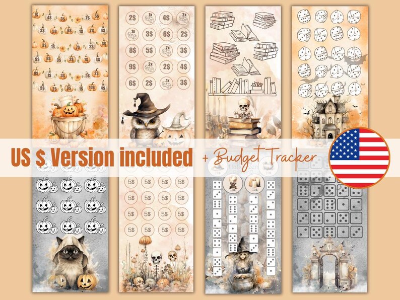 May include: Five printable Halloween themed budget tracker pages. The pages feature a witch, an owl, a cat, a pumpkin, and a haunted house. The pages are designed to help you track your spending and savings. US $ Version included.