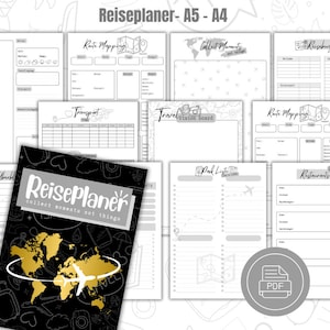 Puede incluir: Un planificador de viajes imprimible en blanco y negro con el texto "Reiseplaner - A5 - A4" y "collect moments not things". El planificador incluye páginas para el mapeo de rutas, listas de empaque, restaurantes y tableros de visión de viajes.