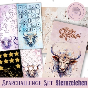Zestaw wyzwań oszczędnościowych Znak zodiaku Byk Zodiac Wyzwanie oszczędnościowe Budżetowy segregator A6 Binder Cyfrowy do pobrania PDF Okładka Metoda