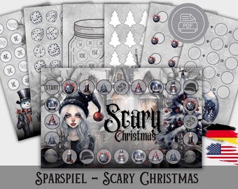 May include: A board game called "Scary Christmas" with a spooky Christmas theme. The game board features a dark, gothic-style illustration with a girl in a witch's hat, a Christmas tree, and a snow globe. The game includes dice, tokens, and cards.