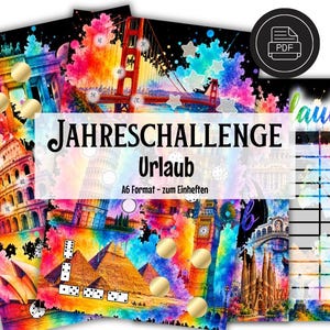 Könnte beinhalten: Ein Set aus A6-Spar-Challenge-Blättern mit bunten Aquarell-Motiven von Sehenswürdigkeiten wie dem Golden Gate Bridge, dem Kolosseum und Big Ben. Die Blätter enthalten goldene Kreise zur Fortschrittskontrolle und den Text JAHRESCHALLENGE Urlaub.