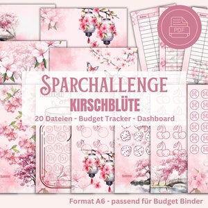 Puede incluir: Un planificador de presupuesto y un tablero de control imprimibles con un tema de flor de cerezo. El imprimible incluye 20 archivos, un planificador de presupuesto y un tablero de control. El diseño presenta un esquema de color rosa y blanco con flores de cerezo y una linterna.
