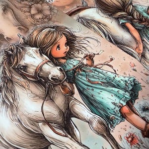 Pu&ograve; includere: Illustrazione di una ragazza in un vestito turchese che cavalca un cavallo bianco. La ragazza ha i capelli castani e guarda di lato. Il cavallo ha una briglia e redini marroni. Lo sfondo &egrave; un morbido lavaggio in stile acquerello con accenti floreali.