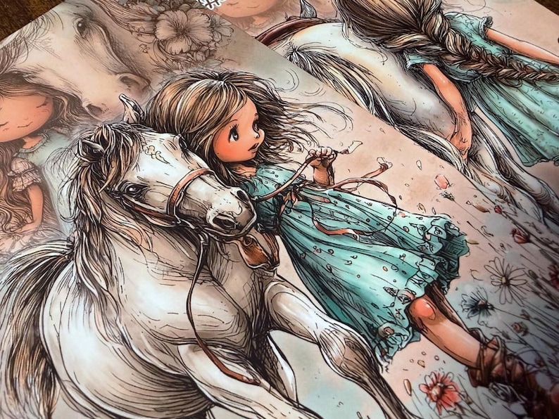 Pu&ograve; includere: Illustrazione di una ragazza in un vestito turchese che cavalca un cavallo bianco. La ragazza ha i capelli castani e guarda di lato. Il cavallo ha una briglia e redini marroni. Lo sfondo &egrave; un morbido lavaggio in stile acquerello con accenti floreali.