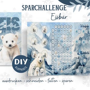 Könnte beinhalten: Ein druckbares PDF-Spielbrett für eine Sparchallenge. Das Brett zeigt einen Eisbären und den Text "SPARCHALLENGE Eisbär". Das Spielbrett enthält ein Gitter mit Zahlen und einen Bereich zum Würfeln und Bingo spielen.