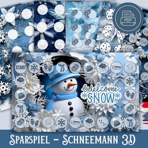 Könnte beinhalten: Ein blaues und weißes Brettspiel mit Schneemann-Thema. Das Spielbrett zeigt einen Schneemann, Schneeflocken und andere winterliche Bilder. Das Spiel beinhaltet einen Satz Würfel und Spielfiguren. Das Spiel heißt "Sparspiel - Schneemann 3D".