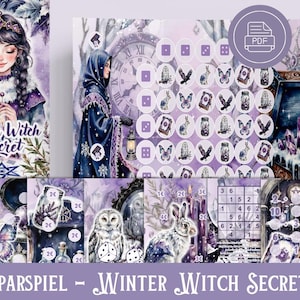 Könnte beinhalten: Eine digitale Illustration eines Brettspiels mit dem Titel "Winter Witch Secret". Das Spiel hat ein lila und weißes Farbschema mit Illustrationen einer Frau, Eulen, Schmetterlingen und Würfeln. Das Spiel enthält auch den Text "SPARSPIEL - WINTER WITCH SECRET."