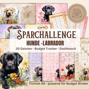 Op de afbeelding: Een set printbare budgettrackerpagina's met Labrador Retriever honden in aquarelstijl. De pagina's zijn ontworpen voor gebruik in een budgetbinder en bevatten een dashboard, tracker en andere handige pagina's. De tekst op de pagina luidt "SPARCHALLENGE HUNDE-LABRADOR 20 Dateien - Budget Tracker - Dashboard Format A6 - passend für Budget Binder".