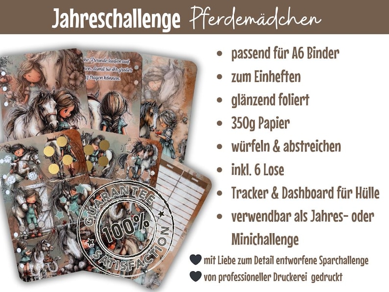 Pu&ograve; includere: Un set di carte illustrate con ragazze e cavalli, con il testo "Jahreschallenge Pferdem&auml;dchen". Le carte hanno un'estetica vintage e includono un tracker e una dashboard. Il set &egrave; progettato per raccoglitori A6.