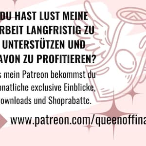 Pu&ograve; includere: Grafica rosa con testo in tedesco, tra cui "DU HAST LUST MEINE ARBEIT..." e un indirizzo web. L'immagine presenta un'illustrazione stilizzata di una banconota alata con un alone.