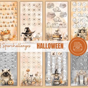 May include: Eight printable Halloween-themed game boards with various challenges, including counting coins, finding hidden objects, and rolling dice. The boards feature illustrations of owls, pumpkins, cats, and other Halloween imagery. The text "8 Sparchallenges HALLOWEEN PDF" is displayed at the top of the image.