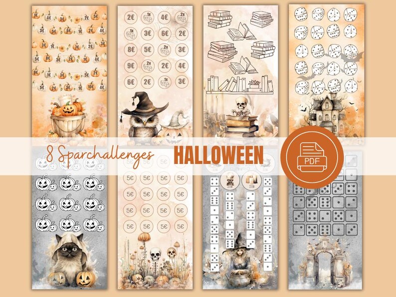 May include: Eight printable Halloween-themed game boards with various challenges, including counting coins, finding hidden objects, and rolling dice. The boards feature illustrations of owls, pumpkins, cats, and other Halloween imagery. The text "8 Sparchallenges HALLOWEEN PDF" is displayed at the top of the image.