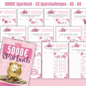 May include: Pink and white savings challenge book with a gold piggy bank and coins. The book has 33 challenges to help you save 5000 euros. The title of the book is "5000€ Sparbuch".