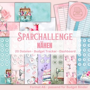 May include: A set of printable budget tracker pages for a sewing challenge. The pages feature a variety of sewing-themed illustrations, including a sewing machine, spools of thread, buttons, and a vintage sewing box. The pages are designed to be printed on A6 paper and used in a budget binder.