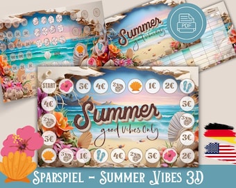 Gioco di risparmio Summer Vibes 3D Design - Sfida di risparmio per le vacanze estive, gioco di risparmio per i Caraibi - Raccoglitore di bilancio A6, set di sfide di risparmio, download digitale in formato PDF