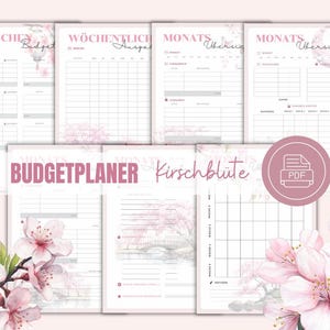 May include: Printable budget planner pages with a cherry blossom theme. The pages include weekly and monthly budget trackers. The pages are labeled "Wochentlich", "Monats", and "Budgetplaner Kirschblüte".