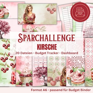 Puede incluir: Un conjunto de 20 archivos imprimibles digitales para un rastreador de presupuesto y un tablero de instrumentos con temática de cereza. El conjunto incluye una variedad de diseños con cerezas, dados y símbolos de dinero. El texto "SPARCHALLENGE KIRSCHE" se muestra en letras grandes y en negrita. El texto "20 Dateien - Budget Tracker - Dashboard" también se muestra. El texto "Format A6 - passend für Budget Binder" se muestra en la parte inferior de la imagen.