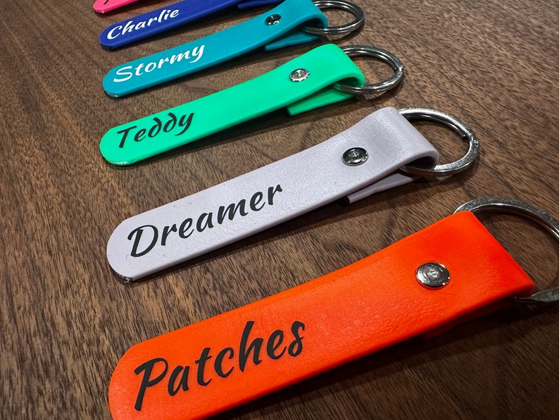 May include: Five colorful keychains with metal rings and personalized names: Charlie, Stormy, Teddy, Dreamer, and Patches. The keychains are made of a soft, flexible material.