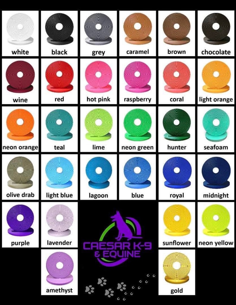 May include: A chart of 20 different colored round dog training discs. The discs are arranged in four rows of five. The colors include white, black, grey, caramel, brown, chocolate, wine, red, hot pink, raspberry, coral, light orange, neon orange, teal, lime, neon green, hunter, seafoam, olive drab, light blue, lagoon, blue, royal, midnight, purple, lavender, amethyst, sunflower, neon yellow, and gold. The chart also includes the text "CAESAR K-9 & EQUINE".
