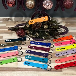 May include: A collection of 17 colorful leather keychains with personalized names, including "Zeus", "Tobin", "Flynn", "Arizona", "Valor", "Riptide", "Sinatra", "Lumi", "Lex", "Zeke", "Sky", "Janeau", "Poppy", "Yahtzee", "Sampson", "Rio", and "Storm".
