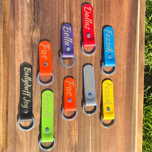 May include: Eight colorful leather keychains with gold lettering. The keychains are on a wooden surface with green grass in the background. The names on the keychains are: Dallas, Fezzik, Bella, Pac, Fezzik, Ballyduff Joyo, Pac, Fezzik.