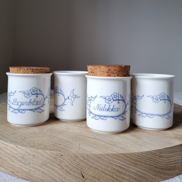 Vintage ARABIA Spice Jar Kitchen Set di 4 di Raija Uosikkinen Finlandia anni '80, coperchio in sughero contenitore da cucina in ceramica da collezione blu bianco