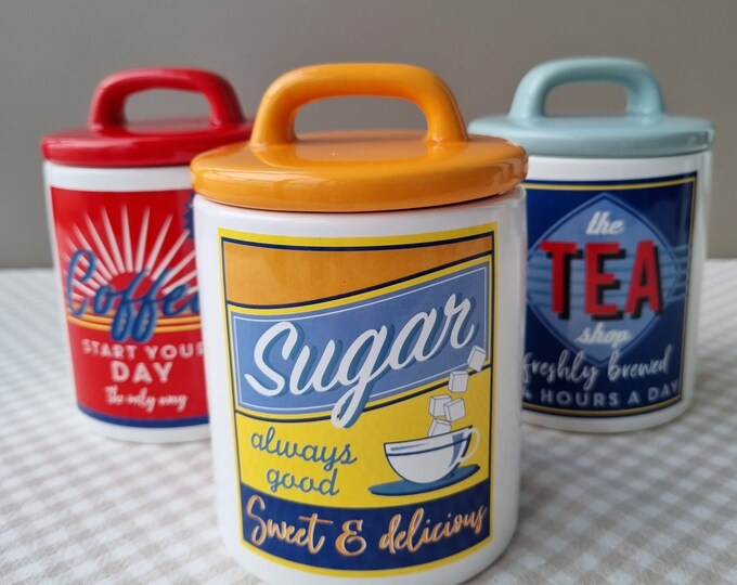 Set of 3 Tea Coffee Sugar Ceramic Retro Kitchen Storage Jars Etsy
