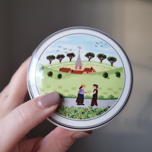 Magnifique boîte à bijoux ronde avec couvercle Villeroy & Boch | Design naïf | Dessin de Gérard LAPLAU | | Idée cadeau