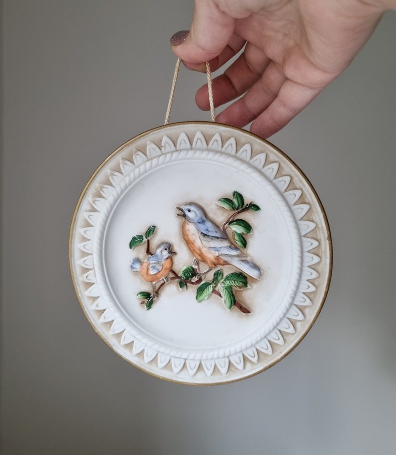Beautifull Biscuit Porcelain Wall Plaque BIRDS / Wall Hanging / Handpainted Home Decoration / Birds Motif / Decorative Wall Tile image 1