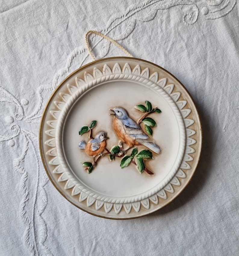 Beautifull Biscuit Porcelain Wall Plaque BIRDS / Wall Hanging / Handpainted Home Decoration / Birds Motif / Decorative Wall Tile image 2