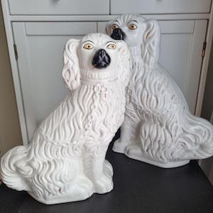 Large Antique Early 20th Century Staffordshire Dogs /Antique Hearth Spaniels, Fireplace Dogs White SPANIEL Sculpture, Collectible Figurine