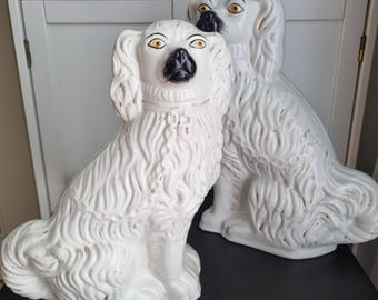 Large Antique Early 20th Century Staffordshire Dogs /Antique Hearth Spaniels, Fireplace Dogs White SPANIEL Sculpture, Collectible Figurine