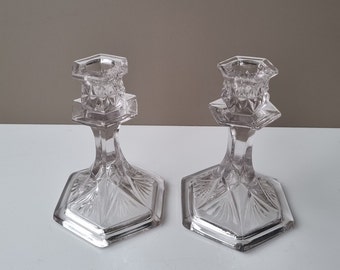 Vintage Pair of Classic clear Art Deco Pressed Heavy Glass candlestick holders | Retro Glass Candlestick Holders